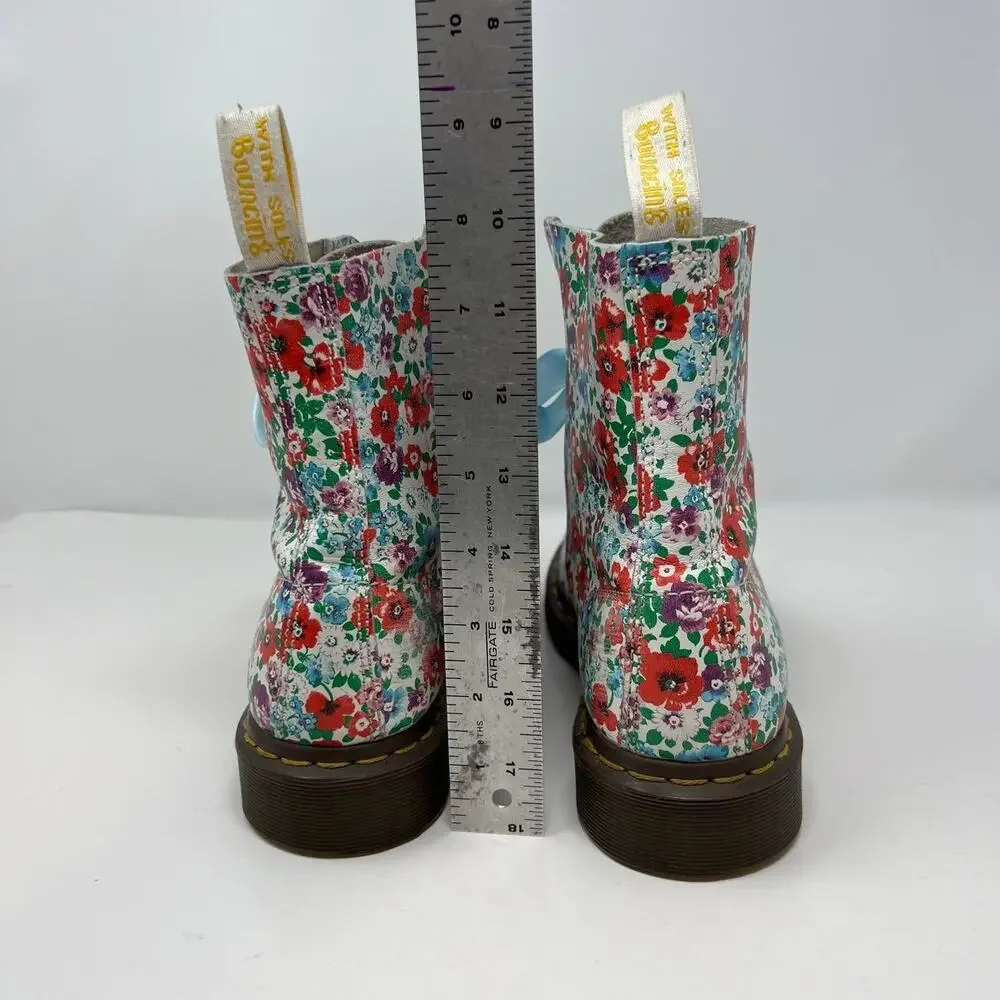 Dr. Marten Boots Women's Size 8 Blue Pascal Floral Print Ribbon Laces Combat - Picture 7 of 16